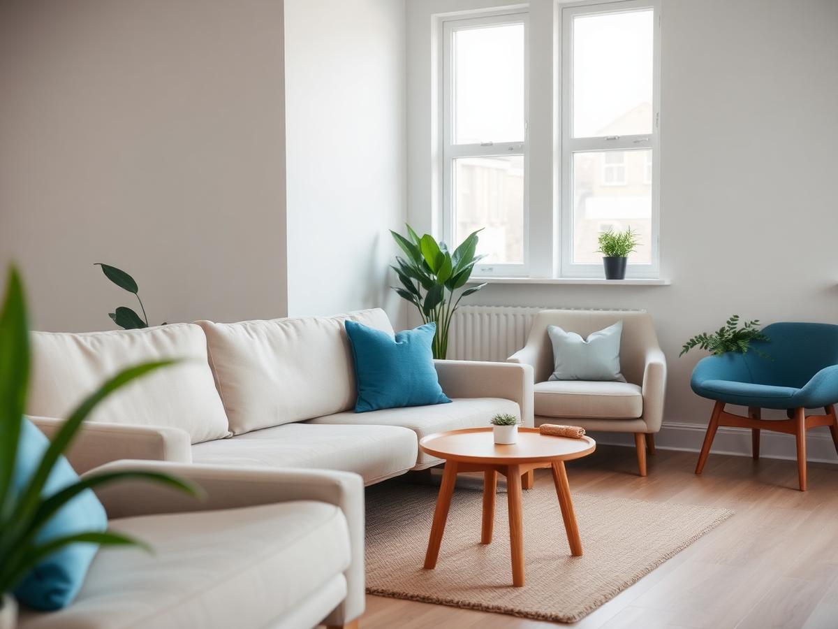 Roligt venteområde med beige sofa og blå detaljer